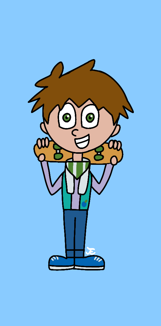 A drawing of Huckleberry Pie. He has peachy skin, green eyes, and short brown hair. He is wearing a light purple shirt, a teal vest with an embroided huckleberry, blue jeans, blue sneakers, and a white and green striped scarf. He is holding a skateboard.